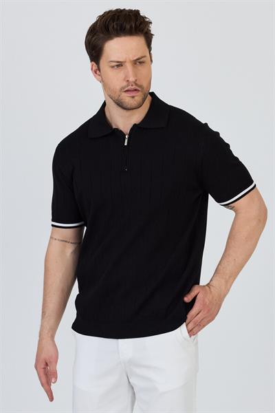 Toledo Erkek Siyah-Beyaz Pamuk Karışımlı Kendinden Çizgili Slim Fit Polo Yaka Triko T-Shirt