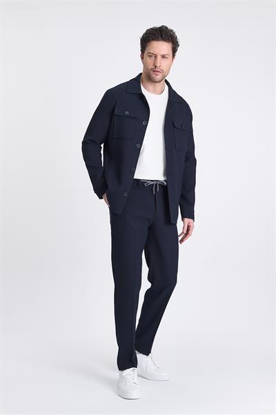 Tommas Erkek Lacivert Likralı Esnek Kumaşlı 2li Overshirt Ceket+Jogger Lastikli Pantolon