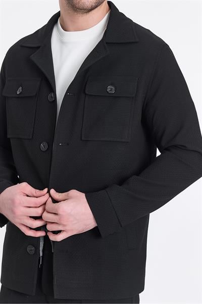 Tommas Erkek Siyah Oversize Esneyen Kumaş Baharlık Trenç Ceket-Mont