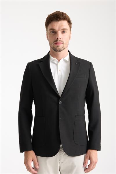 Tommas Erkek Siyah Yarım Astar Torba Cep Likralı Gofre Kumaşlı Spor Blazer Ceket