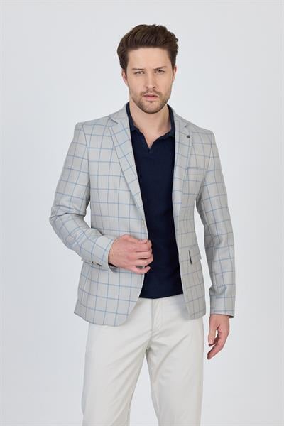 Trieste Erkek Açık Bej-Mavi Ekose Kareli İlkbahar-Yaz Spor Blazer Ceket