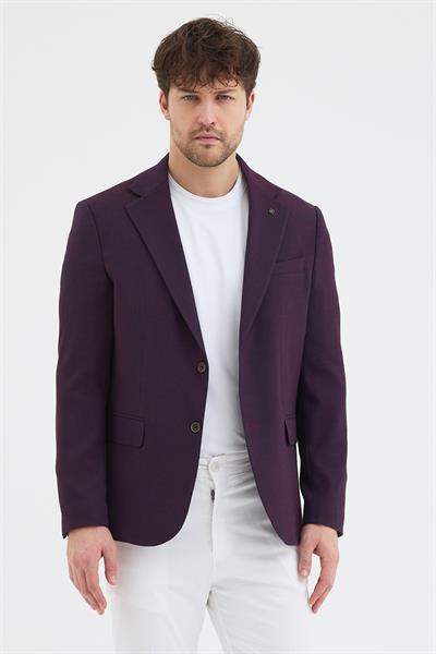Tussio Erkek Bordo Poliviskon Kumaşlı Slim Fit Kendinden Mendilli Mono Yaka Spor Blazer Ceket