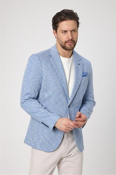 Ubaldo Erkek Mavi Keten Görünümlü Örme Esneyen Likralı Pamuk Karışımlı Blazer Ceket