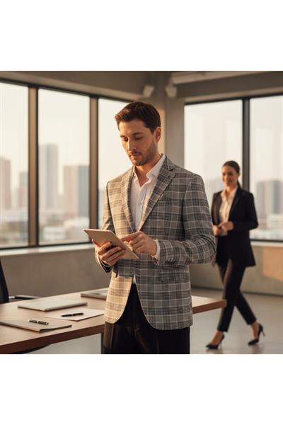 Uche Erkek Siyah Ekose Desenli Slim Fit Mono Yaka Blazer Ceket