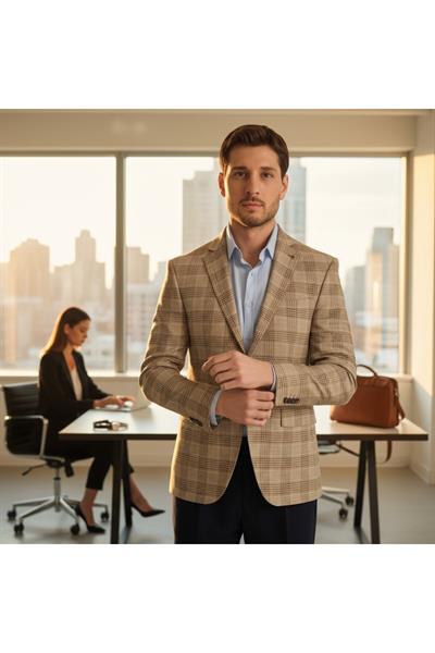 Uche Erkek Vizon Ekose Desenli Slim Fit Mono Yaka Blazer Ceket
