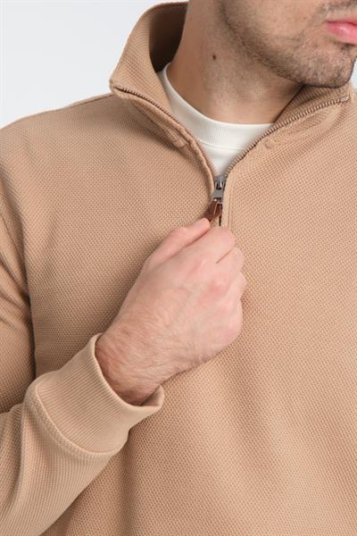 Unisex Regular Fit Pamuklu Petek Örgülü Yarım Fermuarlı Dik Yaka Sweatshirt