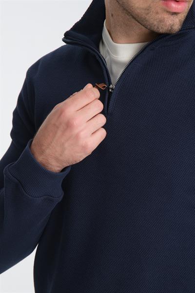 Unisex Regular Fit Pamuklu Petek Örgülü Yarım Fermuarlı Dik Yaka Sweatshirt