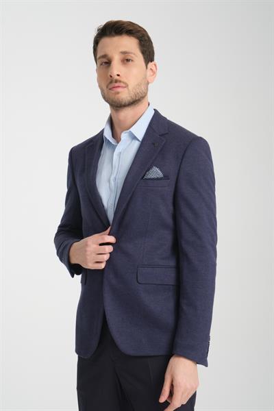 Valentye Erkek Açık Lacivert Düz Esnek Örme Kumaş Slim Fit Dar Kesim Mono Yaka Blazer Ceket