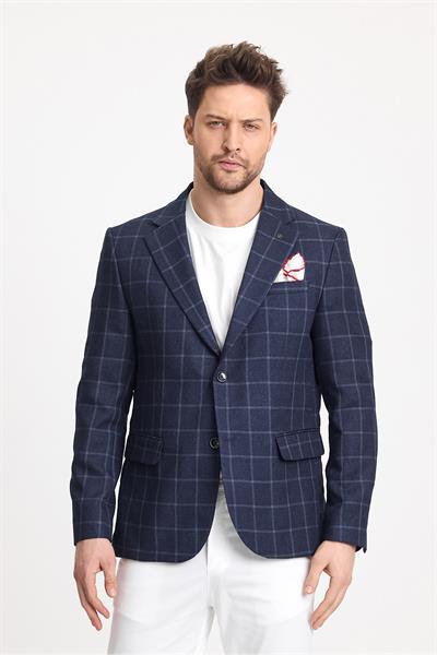 Vasco Erkek Koyu Lacivert Ekose Kareli Esnemeyen Kumaş Slim Fit Spor Blazer Ceket