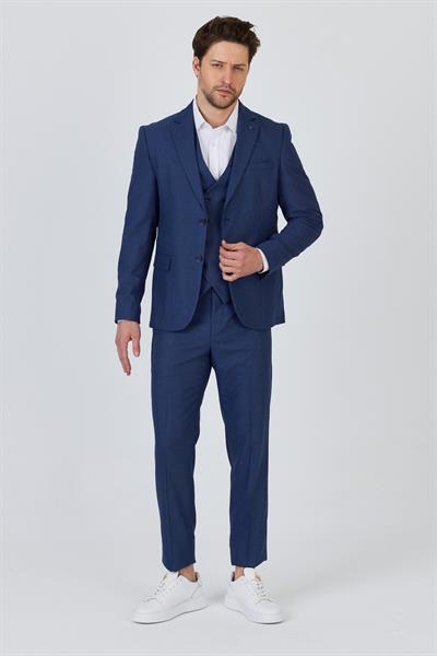 Vasio Erkek Lacivert Poliviskon Kumaşlı Ceket+Pantolon+Yelekli Slim Fit Takim Elbise