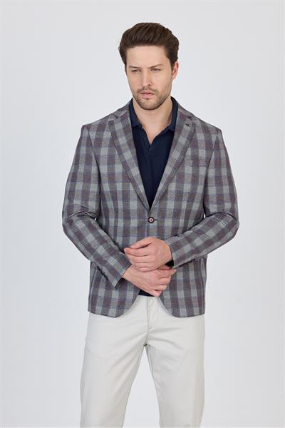 Vegas Erkek Bordo-Mavi Ekose Polyester Kumaşlı Spor Blazer Ceket