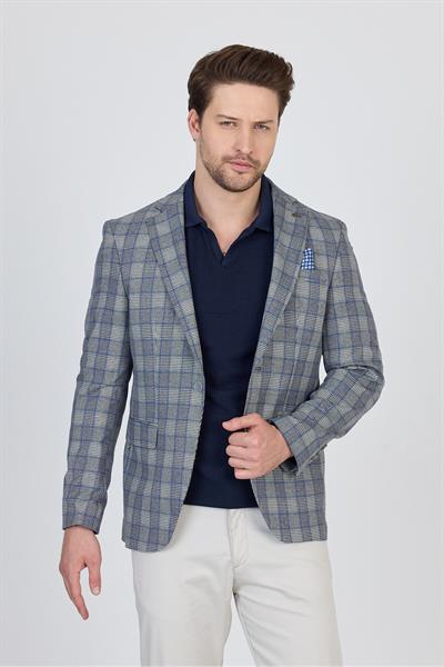 Vegas Erkek Gri-Mavi Ekose Polyester Kumaşlı Spor Blazer Ceket