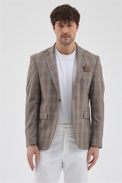 Vegas Erkek Kahve-Kiremit Ekose Mono Yaka Poliviskon Pamuk Karışımlı Kumaş Spor Blazer Ceket