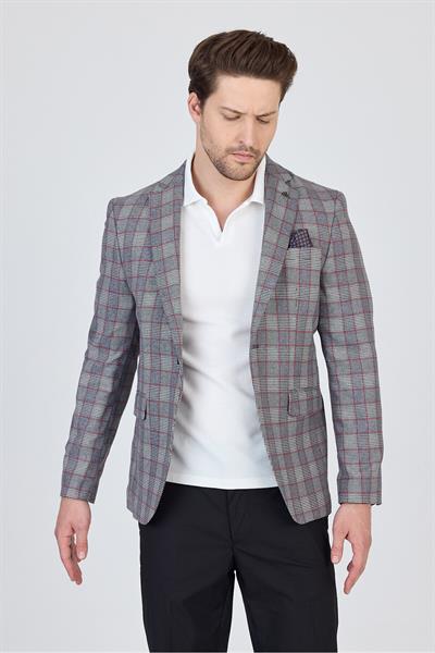 Vegas Erkek Siyah-Bordo Ekose Polyester Kumaşlı Spor Blazer Ceket