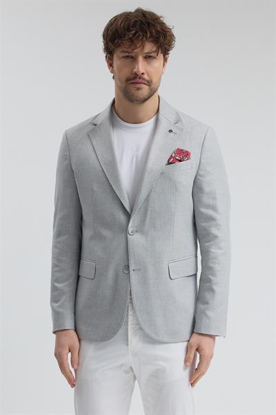 Victor Erkek Gri Pamuk Karışımlı Yarım Astarlı Kapak Cepli Mono Yaka Spor Blazer Ceket