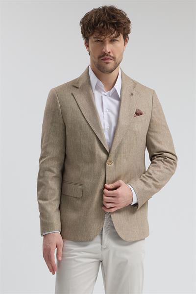 Victor Erkek Koyu Camel Pamuk Karışımlı Yarım Astarlı Kapak Cepli Mono Yaka Spor Blazer Ceket