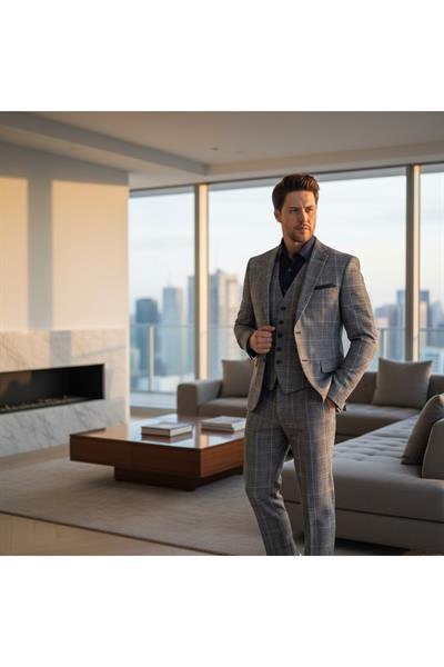 Vincenzo Erkek Koyu Lacivert Ceket+Pantolon+Yelek Çift Yırtmaçlı Slim Fit Takim Elbise