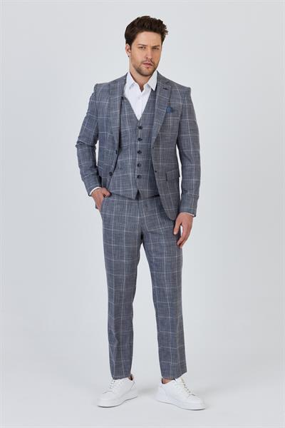 Vincenzo Erkek Lacivert Ceket+Pantolon+Yelek Çift Yırtmaçlı Slim Fit Takim Elbise