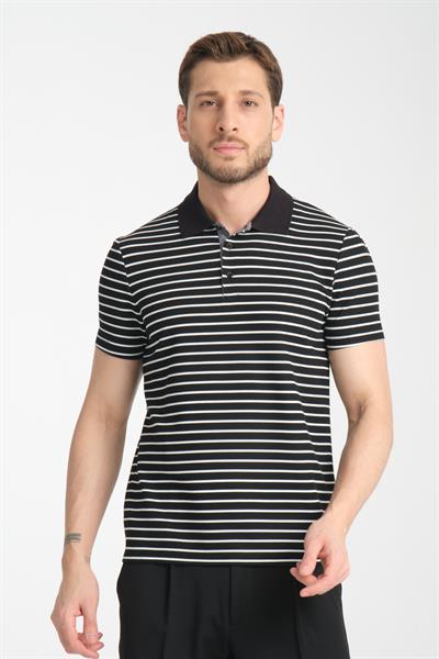 Violes Erkek Çizgili Slim Fit %100 Pamuk Siyah Polo Yaka Tişört
