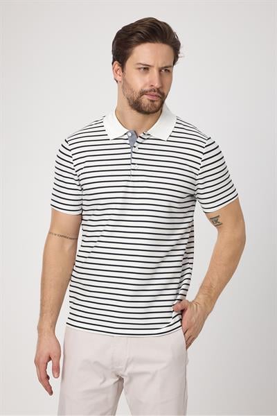 Violes Erkek Çizgili Slim Fit %100 Pamuk Beyaz Polo Yaka Tişört