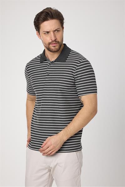 Violes Erkek Çizgili Slim Fit %100 Pamuk Antrasit Polo Yaka Tişört