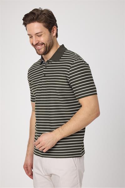 Violes Erkek Çizgili Slim Fit %100 Pamuk Haki Polo Yaka Tişört