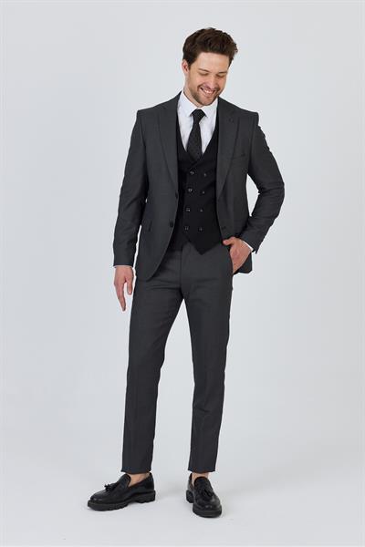 Vitale Erkek Antrasit Poliviskon Kumaşlı Ceket+Pantolon+Yelekli Slim Fit Takim Elbise