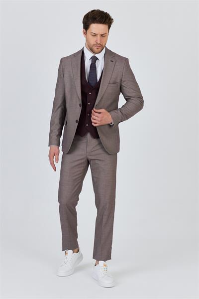 Vitale Erkek Bordo-Gri Poliviskon Kumaşlı Ceket+Pantolon+Yelekli Slim Fit Takim Elbise