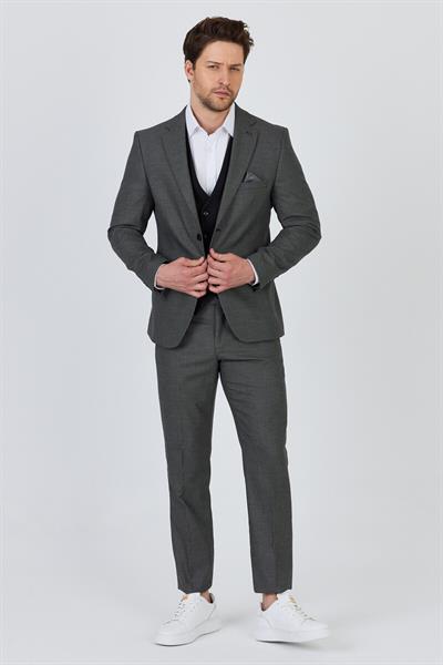 Vitale Erkek Koyu Gri Poliviskon Kumaşlı Ceket+Pantolon+Yelekli Slim Fit Takim Elbise
