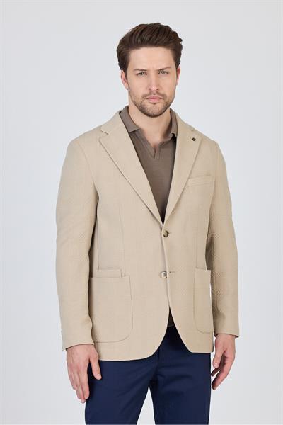 Vitanes Erkek Bej Astarsız Soft Ekose Esneyen Kumaş Likralı Spor Blazer Ceket