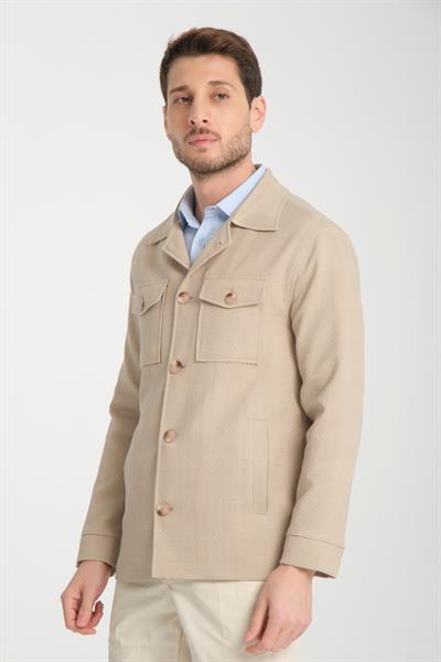 Vitanes Erkek Bej Overshirt Esneyen Kumaş Baharlık Trenç Ceket-Mont