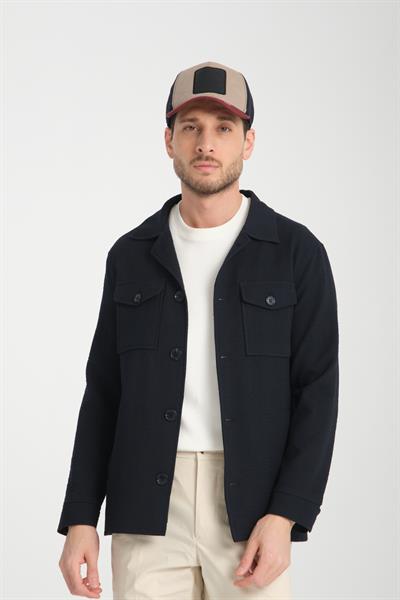 Vitanes Erkek Lacivert Overshirt Esneyen Kumaş Baharlık Trenç Ceket-Mont