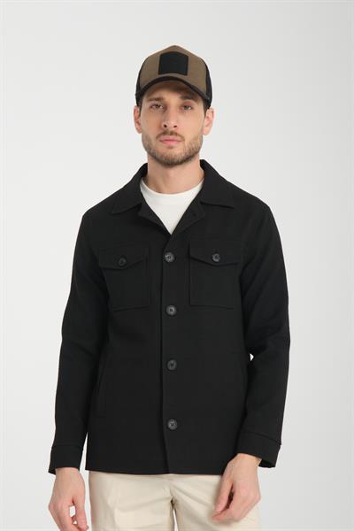 Vitanes Erkek Siyah Overshirt Esneyen Kumaş Baharlık Trenç Ceket-Mont