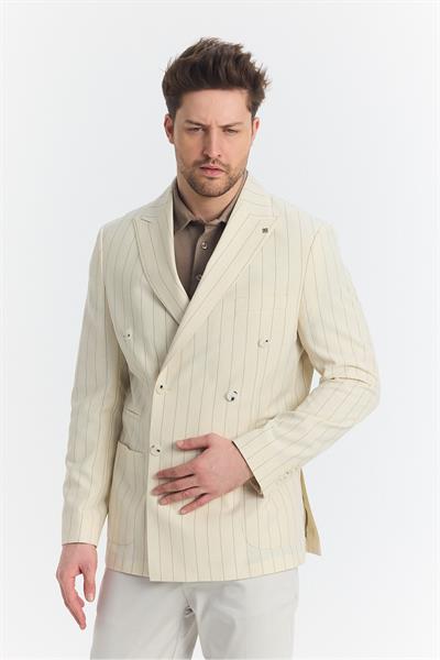 Vitao Erkek Açık Bej İtalyan Çizgili Kruvaze Yarım Astarlı Slim Fit Spor Blazer Ceket