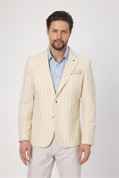 Vitao Erkek Açık Bej İtalyan Çizgili Keten Karışımlı İlkbahar-Yazlık Blazer Ceket