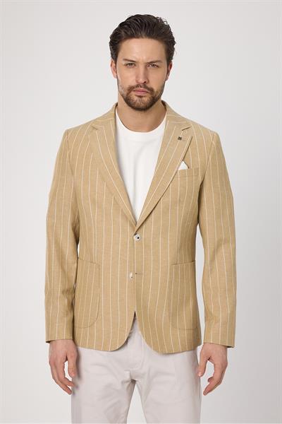 Vitao Erkek Bej İtalyan Çizgili Keten Karışımlı İlkbahar-Yazlık Blazer Ceket