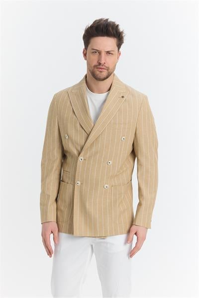 Vitao Erkek Bej İtalyan Çizgili Kruvaze Yarım Astarlı Slim Fit Spor Blazer Ceket