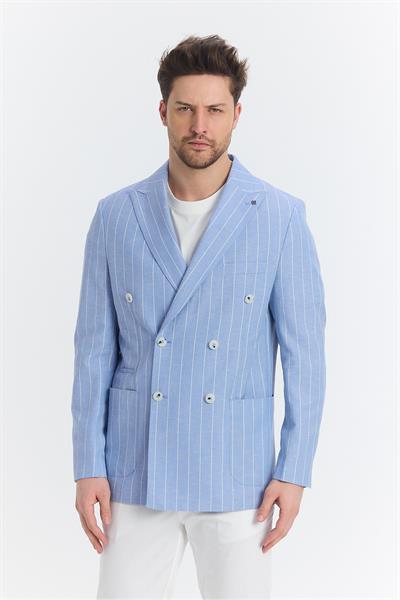 Vitao Erkek Buz Mavi İtalyan Çizgili Kruvaze Yarım Astarlı Slim Fit Spor Blazer Ceket
