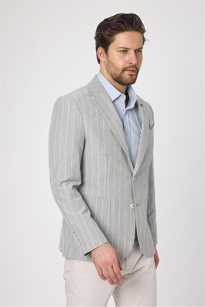 Vitao Erkek Gri İtalyan Çizgili Keten Karışımlı İlkbahar-Yazlık Blazer Ceket