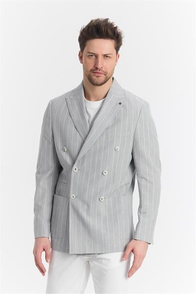 Vitao Erkek Gri İtalyan Çizgili Kruvaze Yarım Astarlı Slim Fit Spor Blazer Ceket