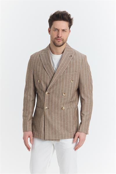 Vitao Erkek Kahve İtalyan Çizgili Kruvaze Yarım Astarlı Slim Fit Spor Blazer Ceket