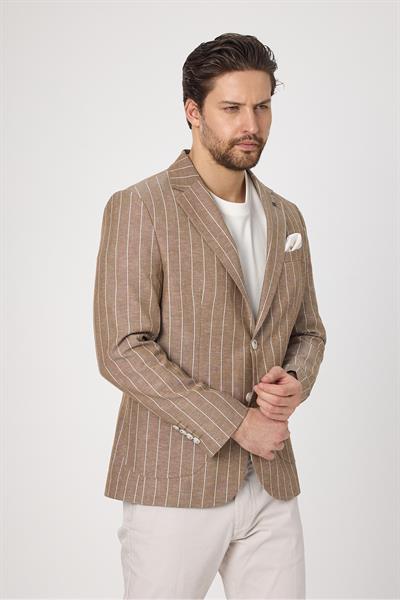 Vitao Erkek Kahverengi İtalyan Çizgili Keten Karışımlı İlkbahar-Yazlık Blazer Ceket