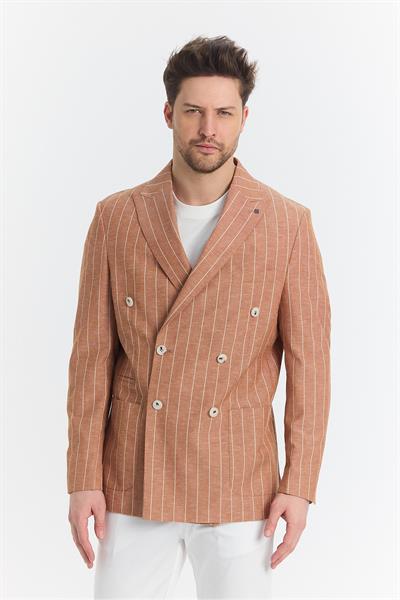Vitao Erkek Kiremit İtalyan Çizgili Kruvaze Yarım Astarlı Slim Fit Spor Blazer Ceket