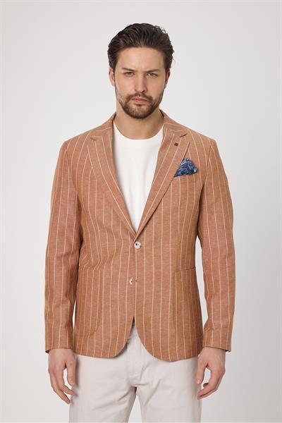 Vitao Erkek Lacivert İtalyan Çizgili Keten Karışımlı İlkbahar-Yazlık Blazer Ceket