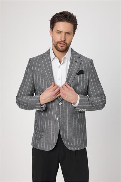 Vitao Erkek Siyah İtalyan Çizgili Keten Karışımlı İlkbahar-Yazlık Blazer Ceket