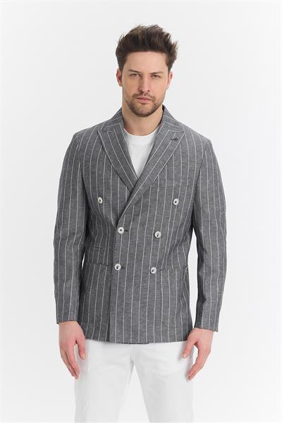 Vitao Erkek Siyah İtalyan Çizgili Kruvaze Yarım Astarlı Slim Fit Spor Blazer Ceket