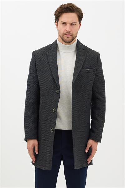 Vivaldo Erkek Haki-Lacivert Kendinden Desenli Ceket Yaka Slim Fit Kaşe Kaban