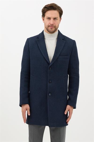 Vivaldo Erkek Lacivert Kendinden Desenli Ceket Yaka Slim Fit Kaşe Kaban
