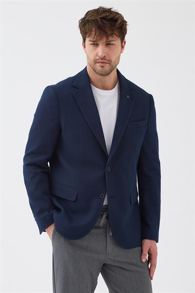 Voler Erkek Lacivert Esneyen Poliviskon Kumaşlı Tam Astarlı Slim Fit Mono Yaka Spor Blazer Ceket