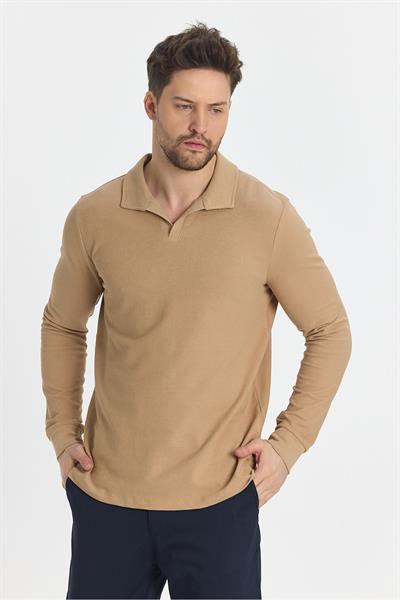 Volex Erkek Bej Likralı %100 Pamuk Yaka Detaylı Slim Fit Uzun Kollu Polo Yaka Swearshirt